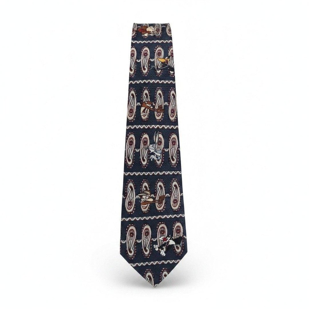 Looney Tunes Mania Necktie Mens OS Navy Blue 1995 Vintage Silk Paisley Character